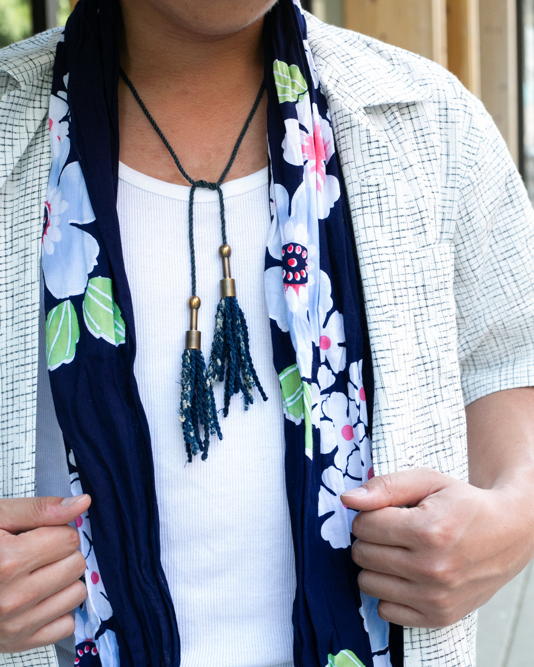Kiriko Original Scarf, Kiji, Yukata,Shima Dark Indigo with White Flowers and Red Accents