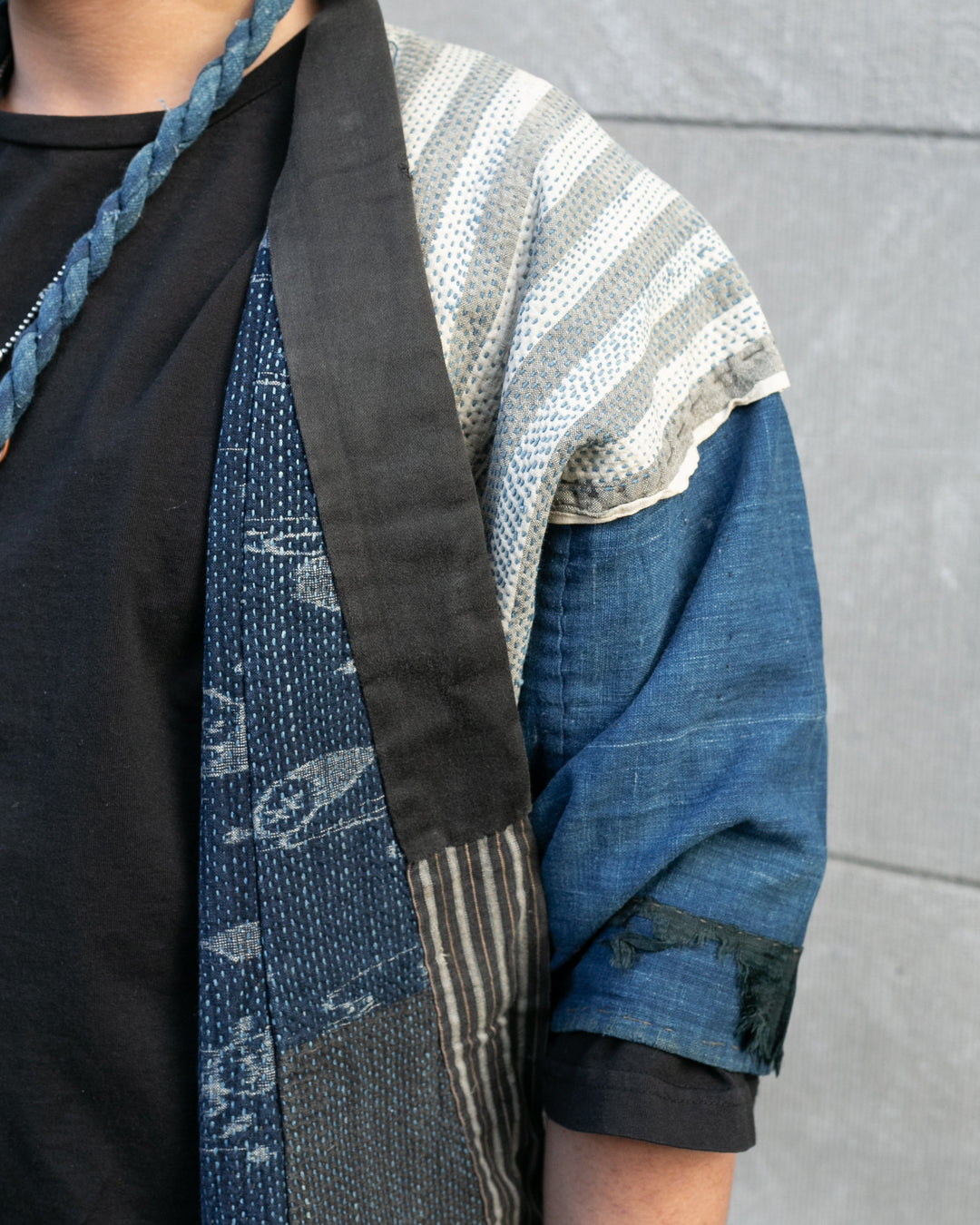 Vintage Boro Noragi Jacket, Indigo Kasuri, Partially Sashiko Stitched