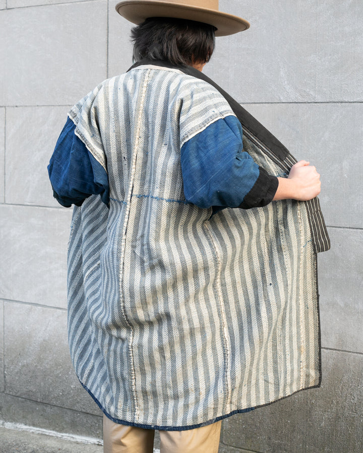 Vintage Boro Noragi Jacket, Indigo Kasuri, Partially Sashiko Stitched