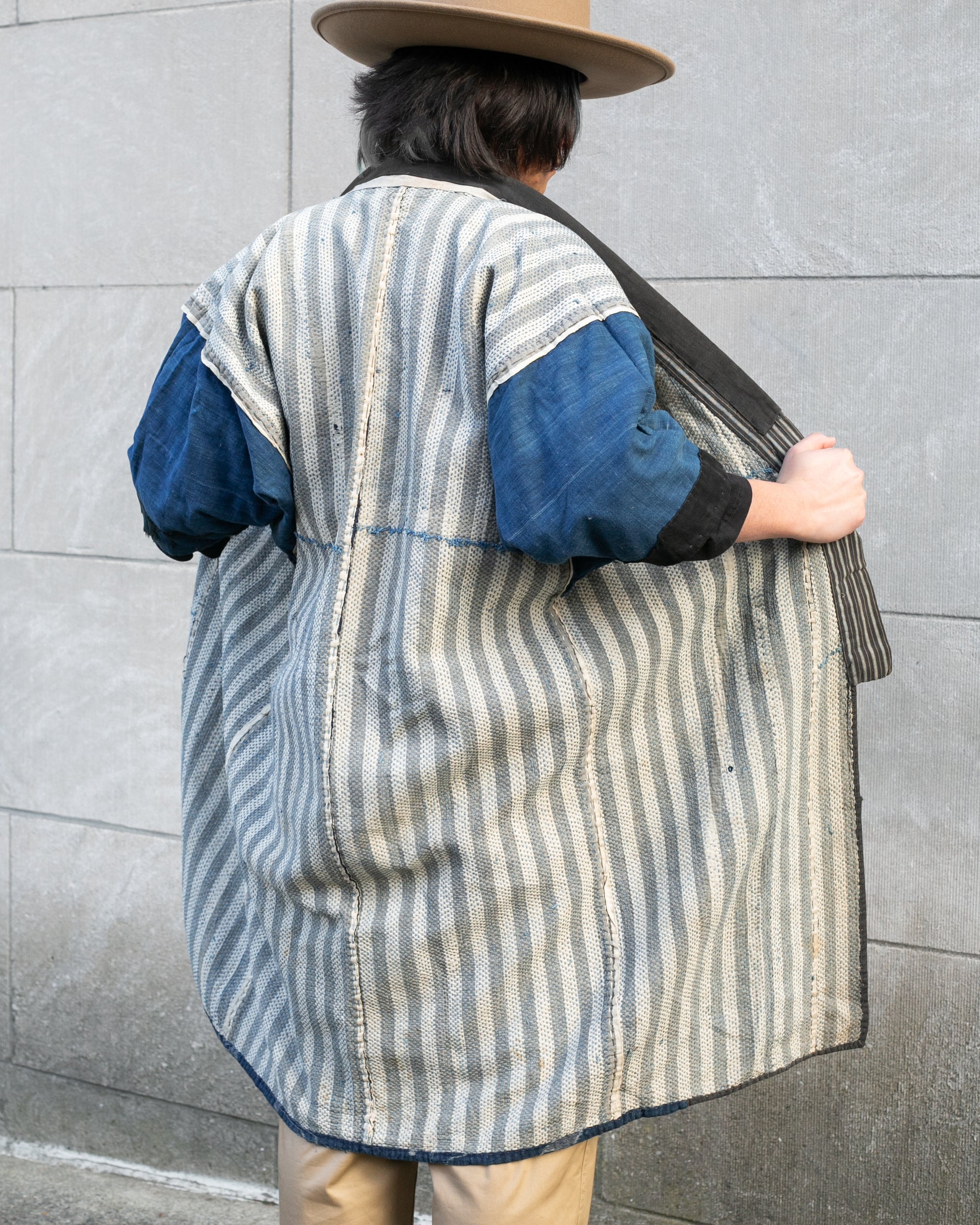 Vintage Boro Noragi Jacket, Indigo Kasuri, Partially Sashiko