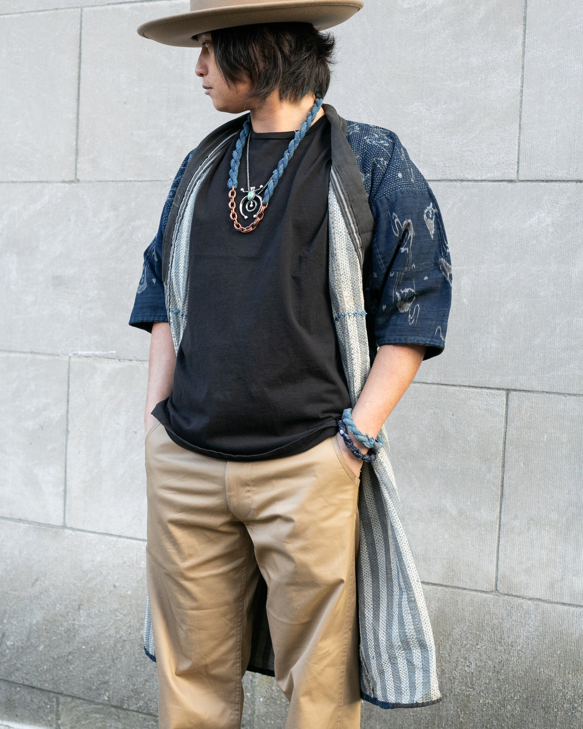 Vintage Boro Noragi Jacket, Indigo Kasuri, Partially Sashiko Stitched