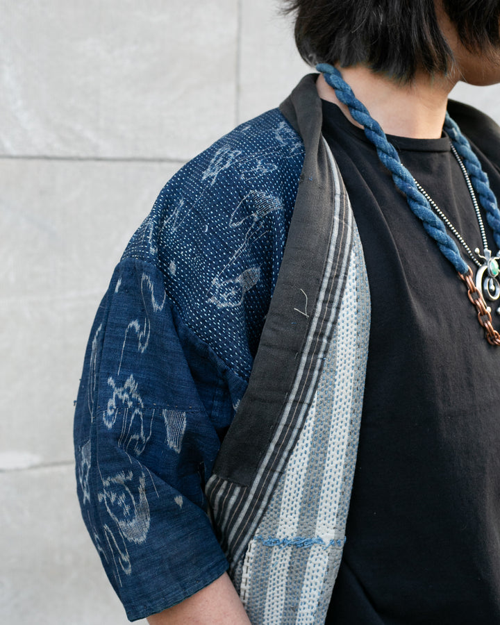 Vintage Boro Noragi Jacket, Indigo Kasuri, Partially Sashiko Stitched