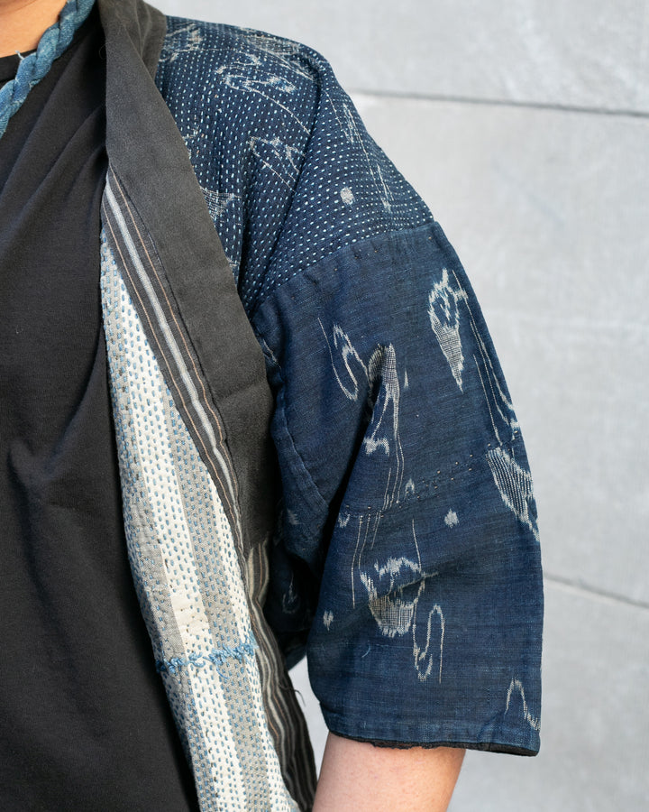 Vintage Boro Noragi Jacket, Indigo Kasuri, Partially Sashiko Stitched