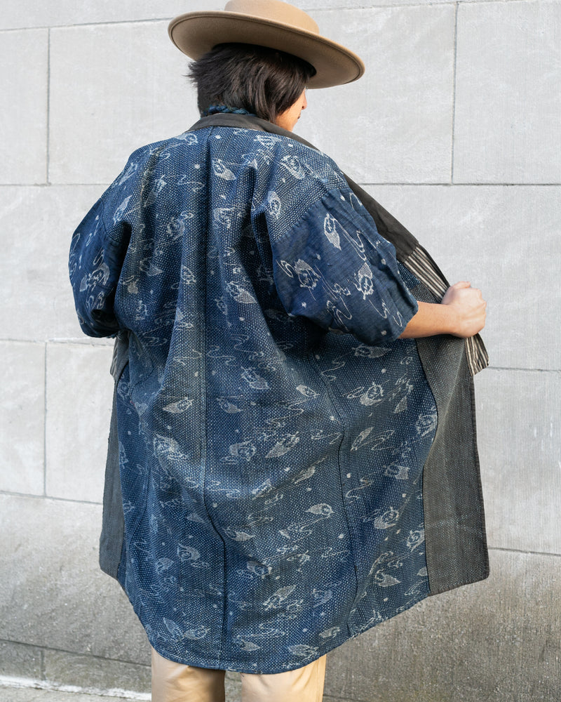 Vintage Boro Noragi Jacket, Indigo Kasuri, Partially Sashiko