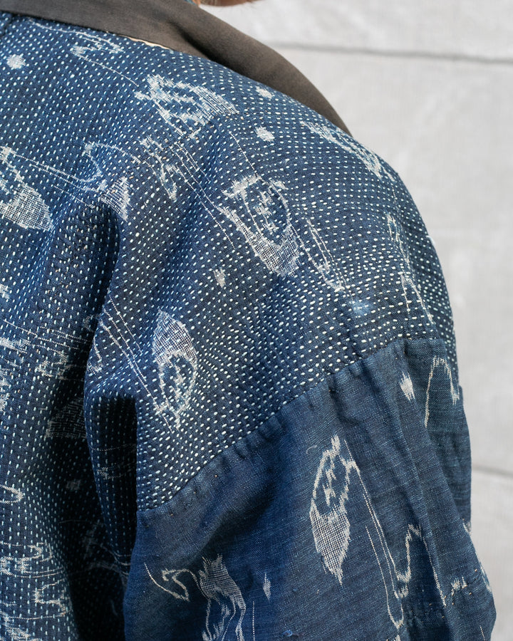 Vintage Boro Noragi Jacket, Indigo Kasuri, Partially Sashiko Stitched