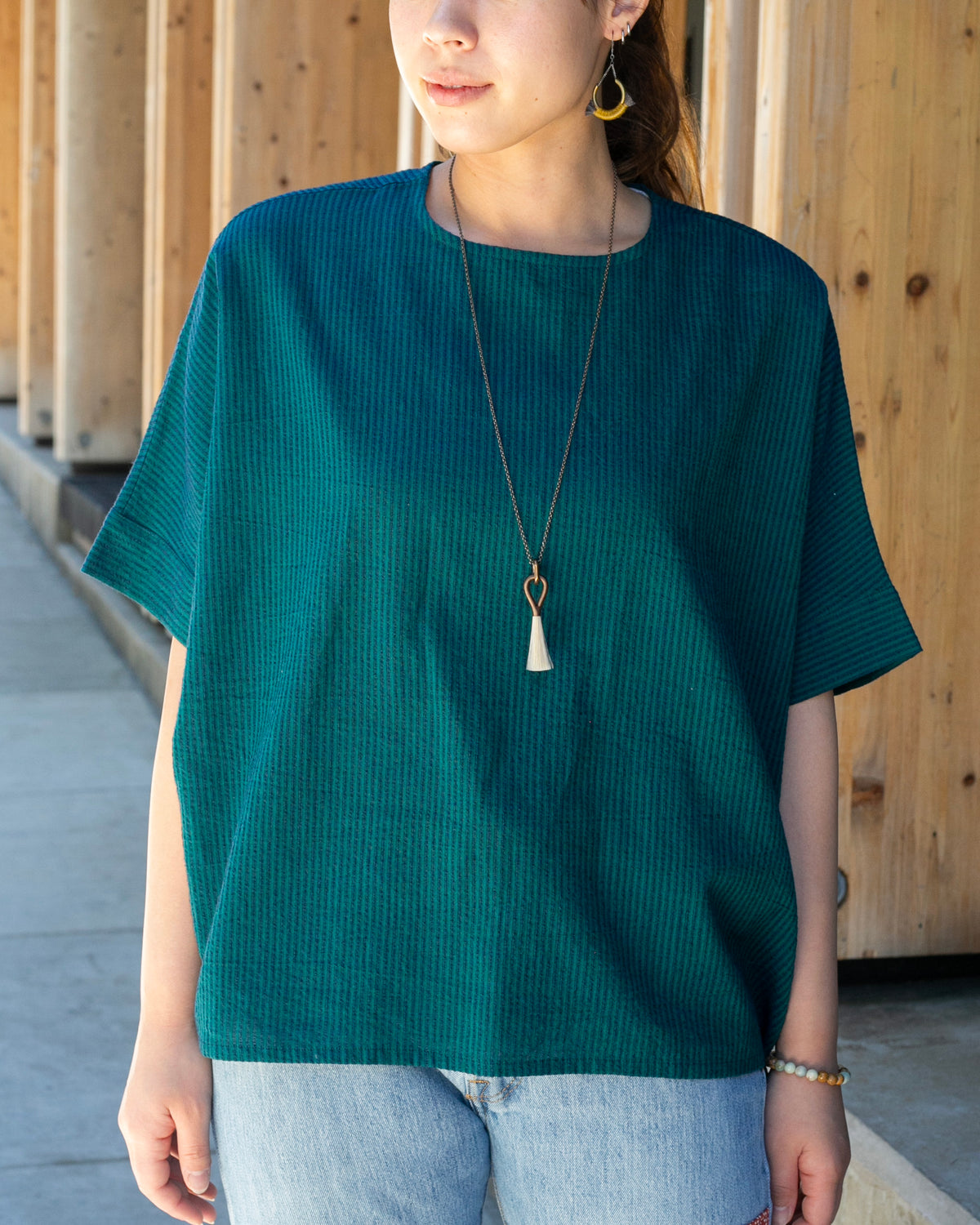 Teal oversized tunic with indigo shima stripes by ToK