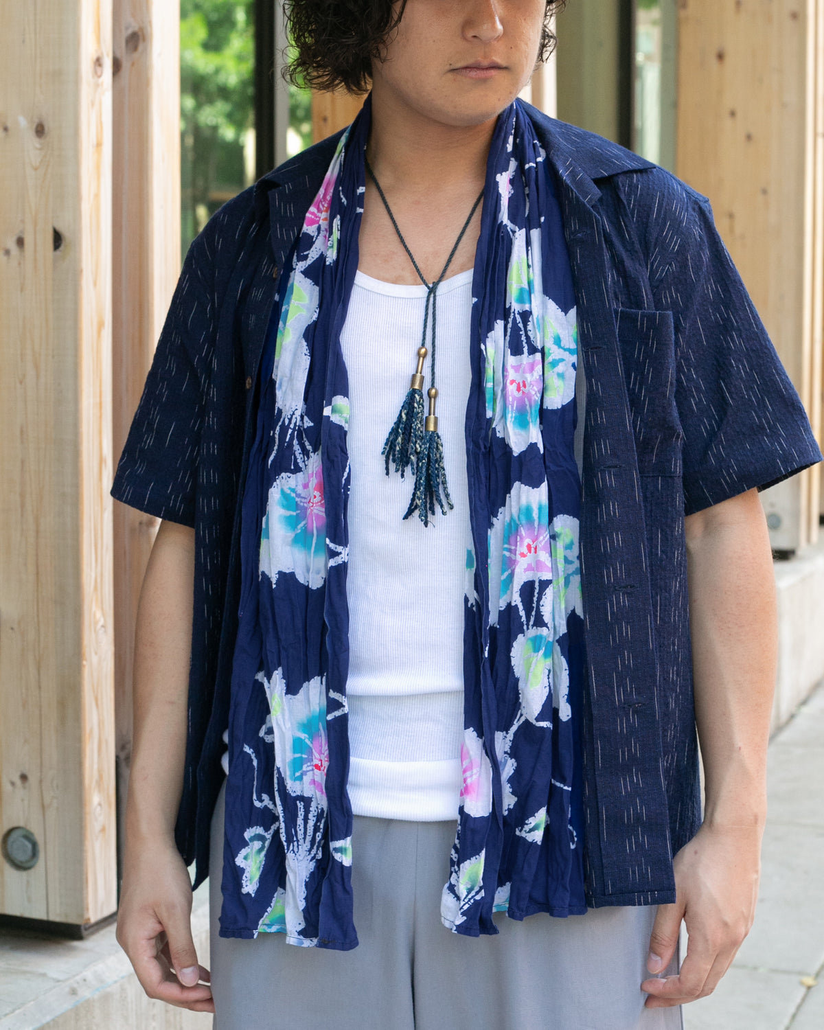 Kiriko Original Scarf, Kiji, Yukata, Shima Navy with Multi color flowers and leaves