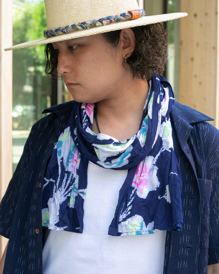 Kiriko Original Scarf, Kiji, Yukata, Shima Navy with Multi color flowers and leaves