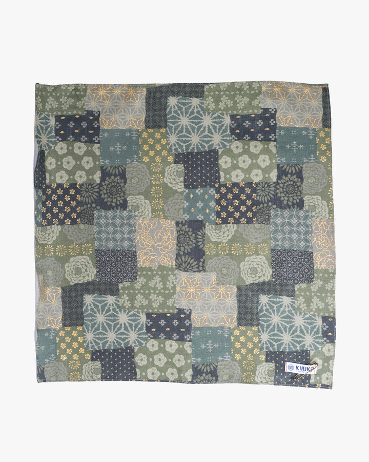 Kiriko Original Bandana, Classic, Patchwork Style, Sage and Gold