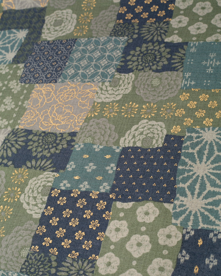 Kiriko Original Bandana, Classic, Patchwork Style, Sage and Gold