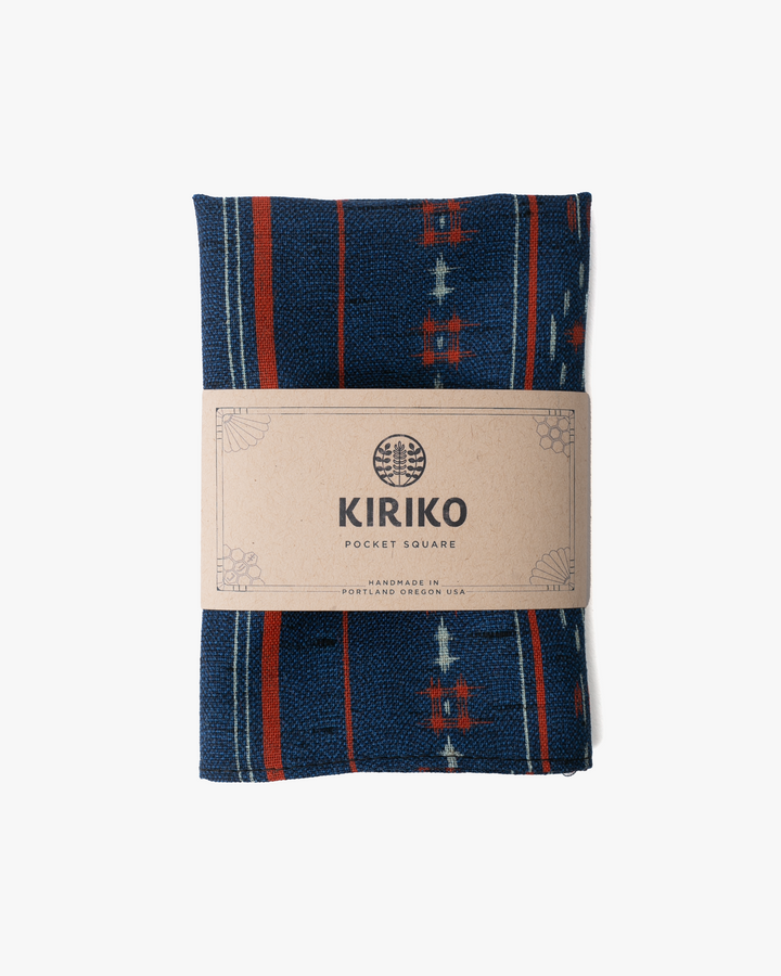 Kiriko Original Pocket Square, Blue with Abstract Orange Shima and Jyuji