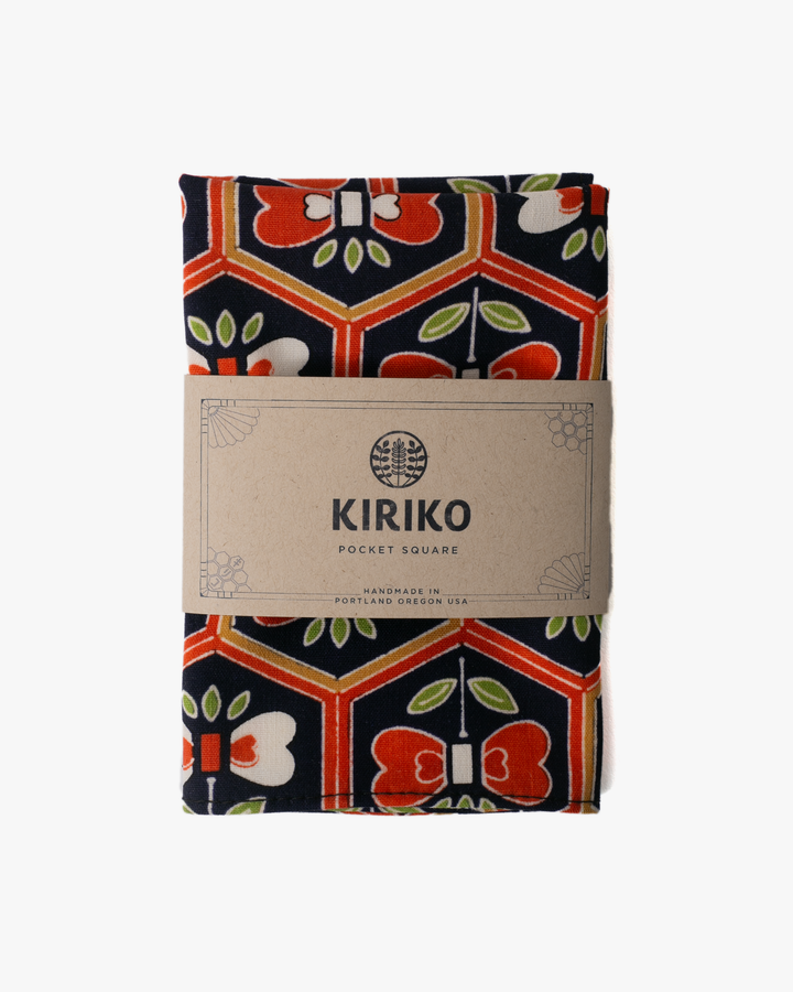 Kiriko Original Pocket Square, Abstract Indigo Camelia