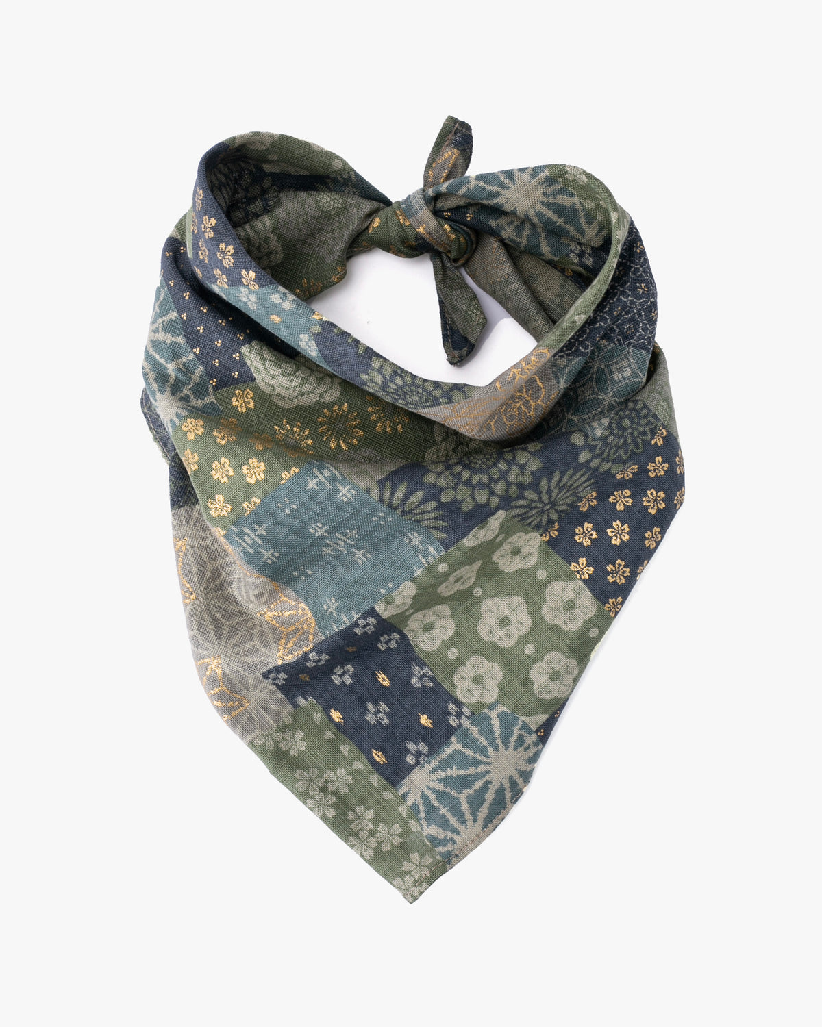 Kiriko Original Bandana, Classic, Patchwork Style, Sage and Gold