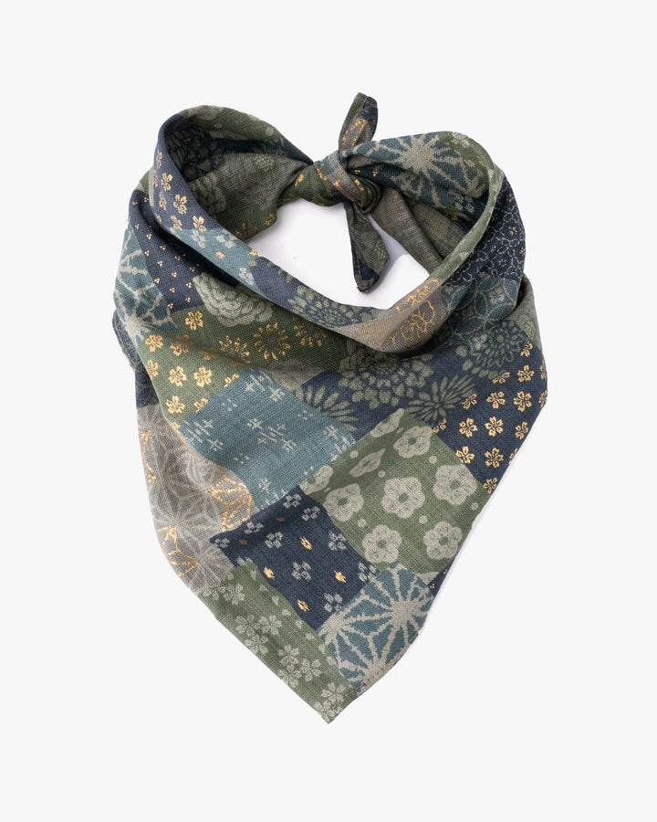 Kiriko Original Bandana, Classic, Patchwork Style, Sage and Gold