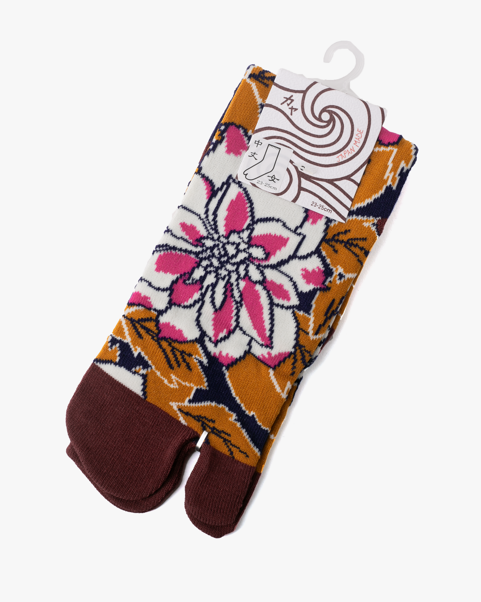 Wa Modern, Tabi Socks, Crew, Mustard Leaves and White with Pink Chrysanthemum