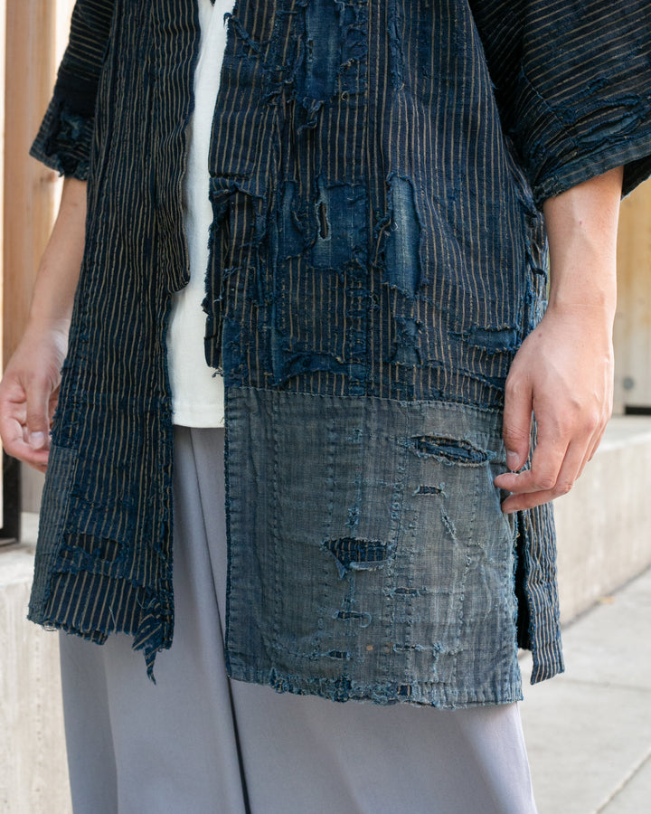 Vintage Noragi Jacket, Patched, Indigo with Stripes