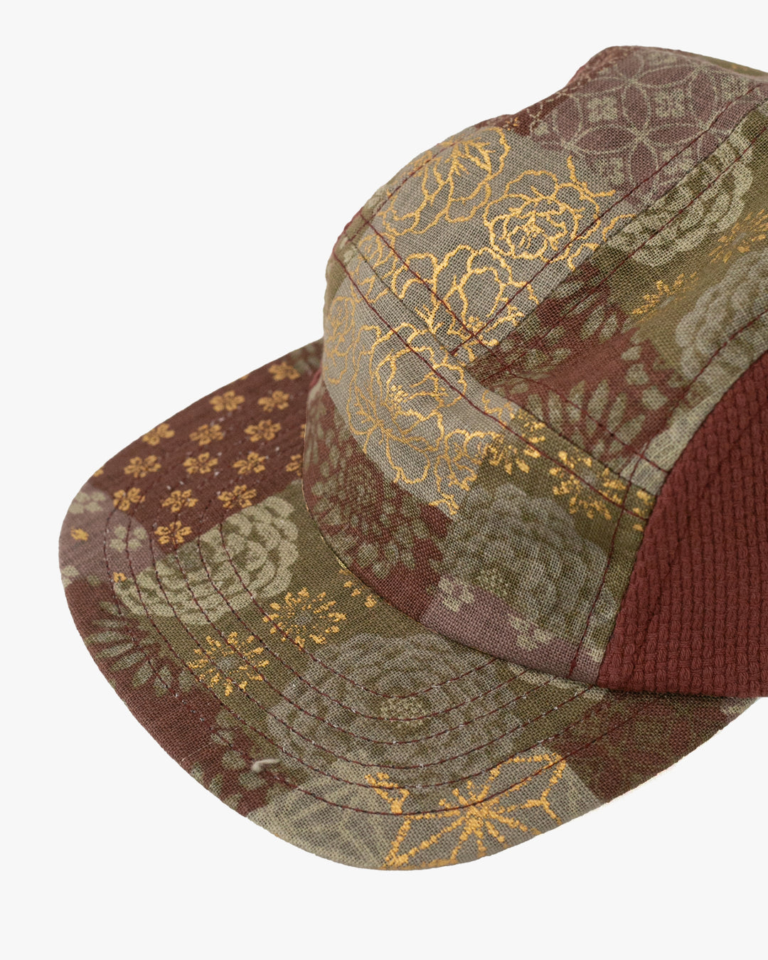 Kiriko Original Cap, 5-Panel, Two Tone, Azuki and Gold Multi Patchwork Style X Sashi-Ori