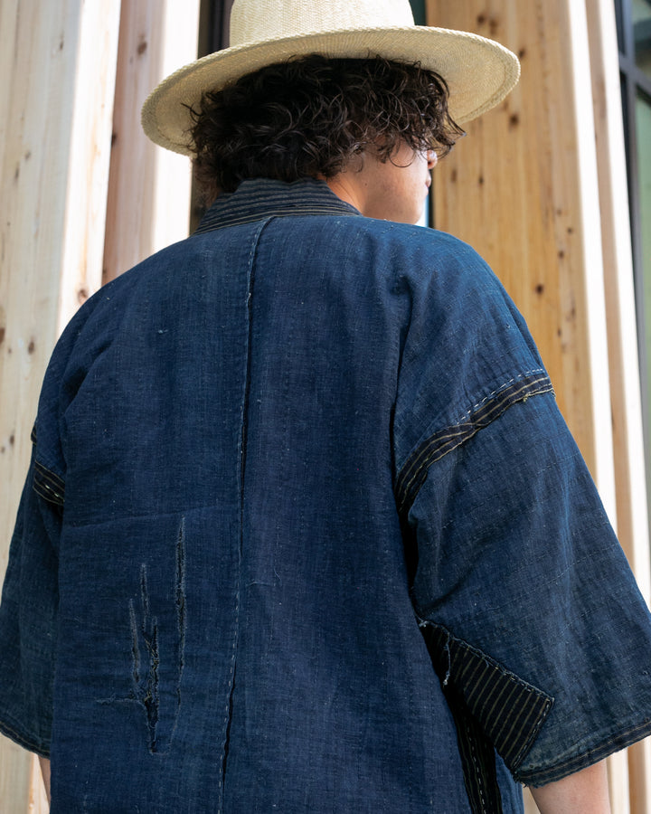 Vintage Noragi Jacket, Patched, Indigo with Stripes