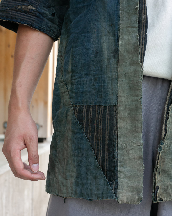 Vintage Noragi Jacket, Patched, Blue, Brown, Black, and Cream