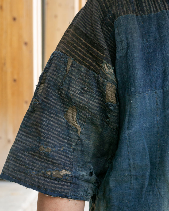 Vintage Noragi Jacket, Patched, Blue, Brown, Black, and Cream