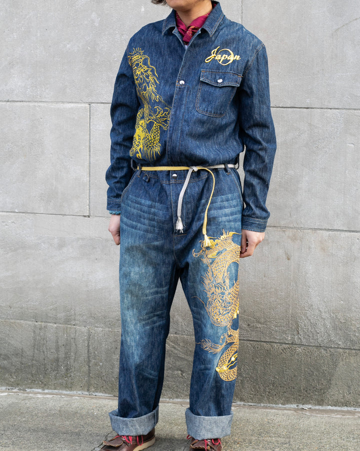 Japanese Repro Denim Jumpsuit, XL, Crutch Co, Embroidered Dragons