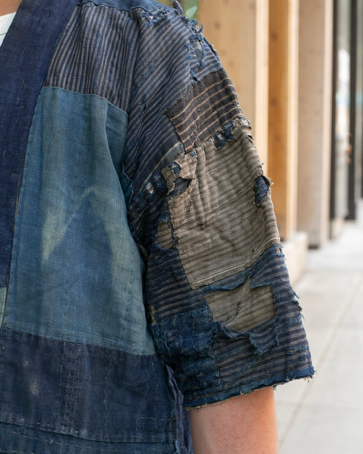 Vintage Noragi Jacket, Patched, Blue, Brown, Black, and Cream