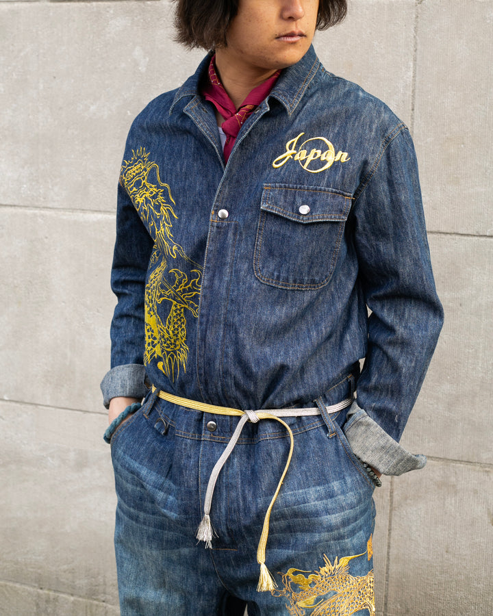 Japanese Repro Denim Jumpsuit, XL, Crutch Co, Embroidered Dragons