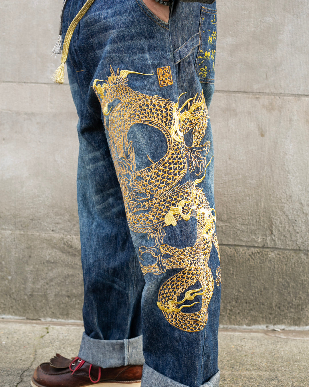 Japanese Repro Denim Jumpsuit, XL, Crutch Co, Embroidered Dragons