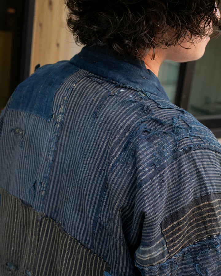 Vintage Noragi Jacket, Patched, Blue, Brown, Black, and Cream