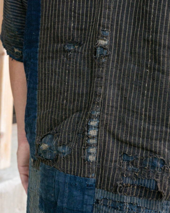 Vintage Noragi Jacket, Patched, Blue, Brown, Black, and Cream