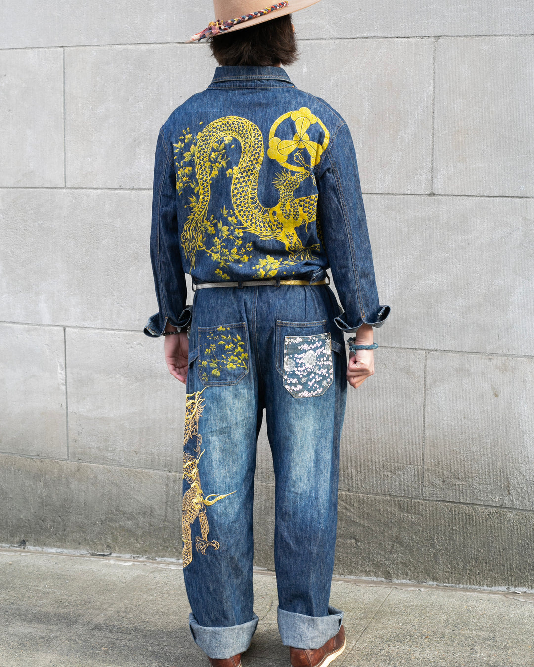 Japanese Repro Denim Jumpsuit, XL, Crutch Co, Embroidered Dragons