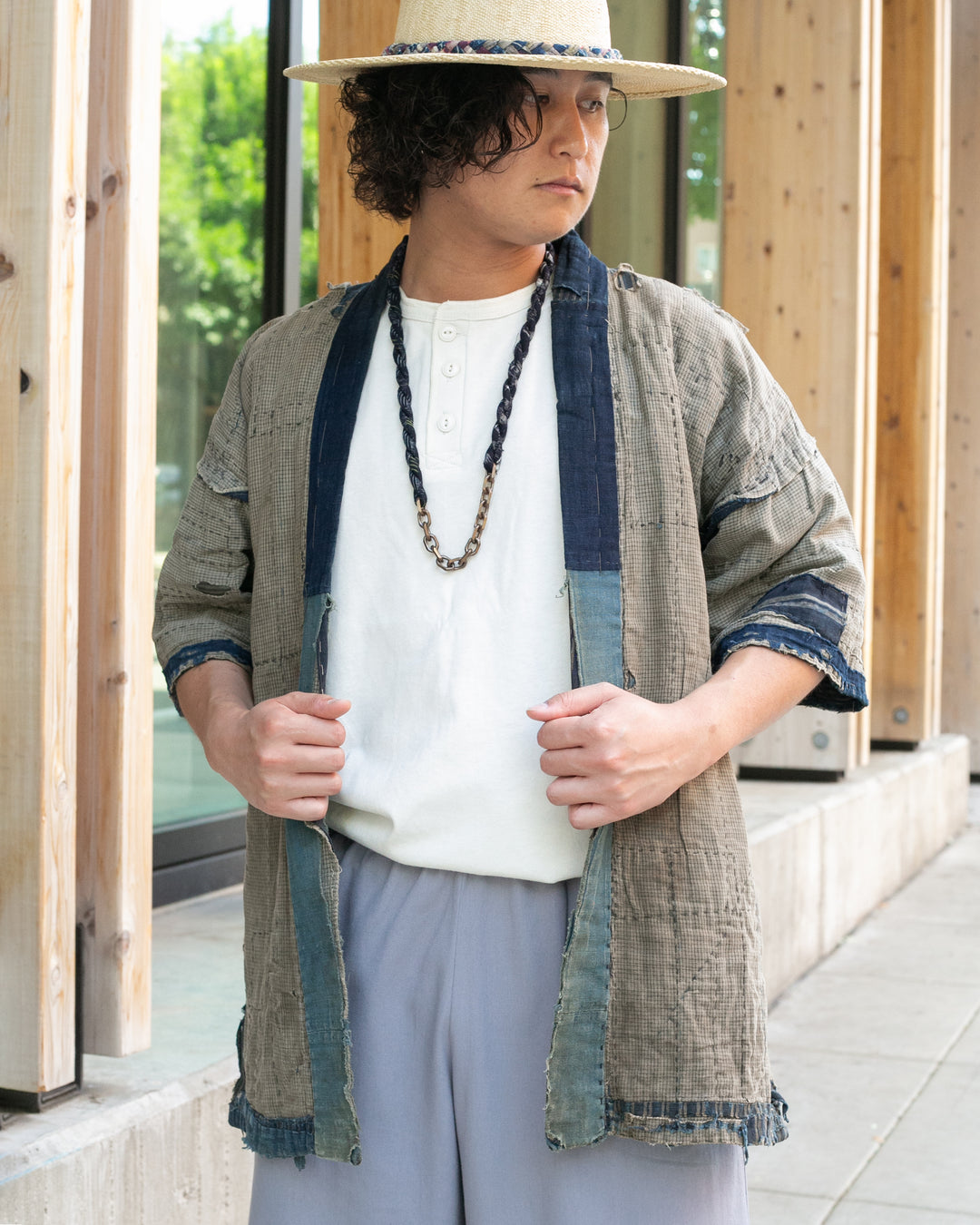 Vintage Noragi Jacket, Patched, Blue, Brown, Black, and Cream