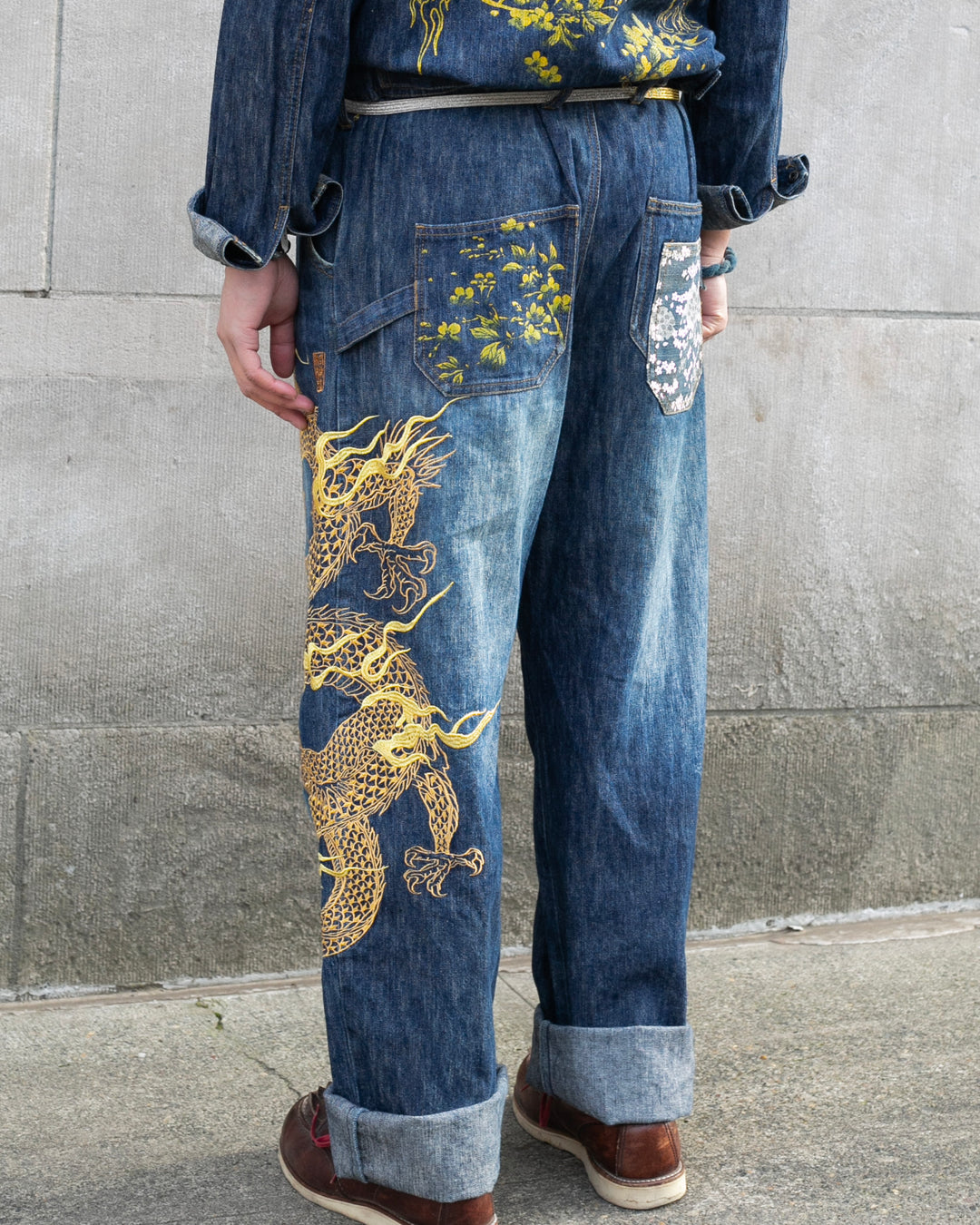 Japanese Repro Denim Jumpsuit, XL, Crutch Co, Embroidered Dragons