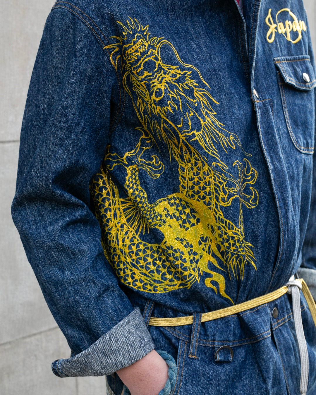 Japanese Repro Denim Jumpsuit, XL, Crutch Co, Embroidered Dragons