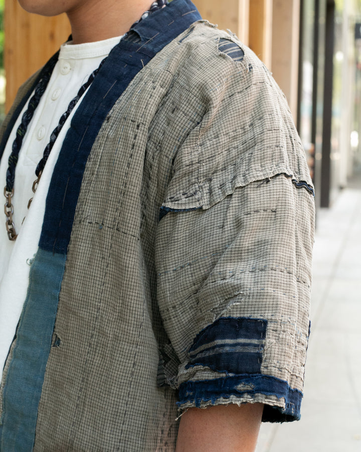 Vintage Noragi Jacket, Patched, Blue, Brown, Black, and Cream
