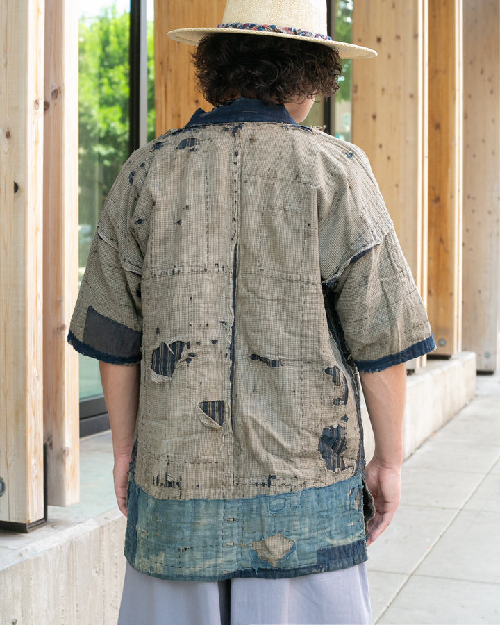 Vintage Noragi Jacket, Patched, Blue, Brown, Black, and Cream