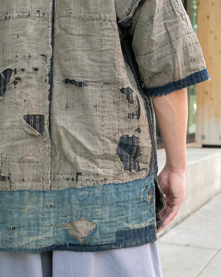 Vintage Noragi Jacket, Patched, Blue, Brown, Black, and Cream