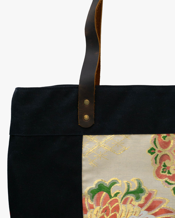 Kiriko Original Waxed Canvas Obi Tote Bag, Black, Tsuru and Kozuchi
