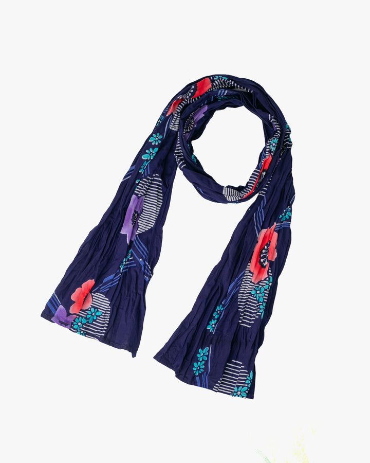 Kiriko Original Scarf, Kiji, Yukata, Shima Navy Striped With Red and Aqua Flowers