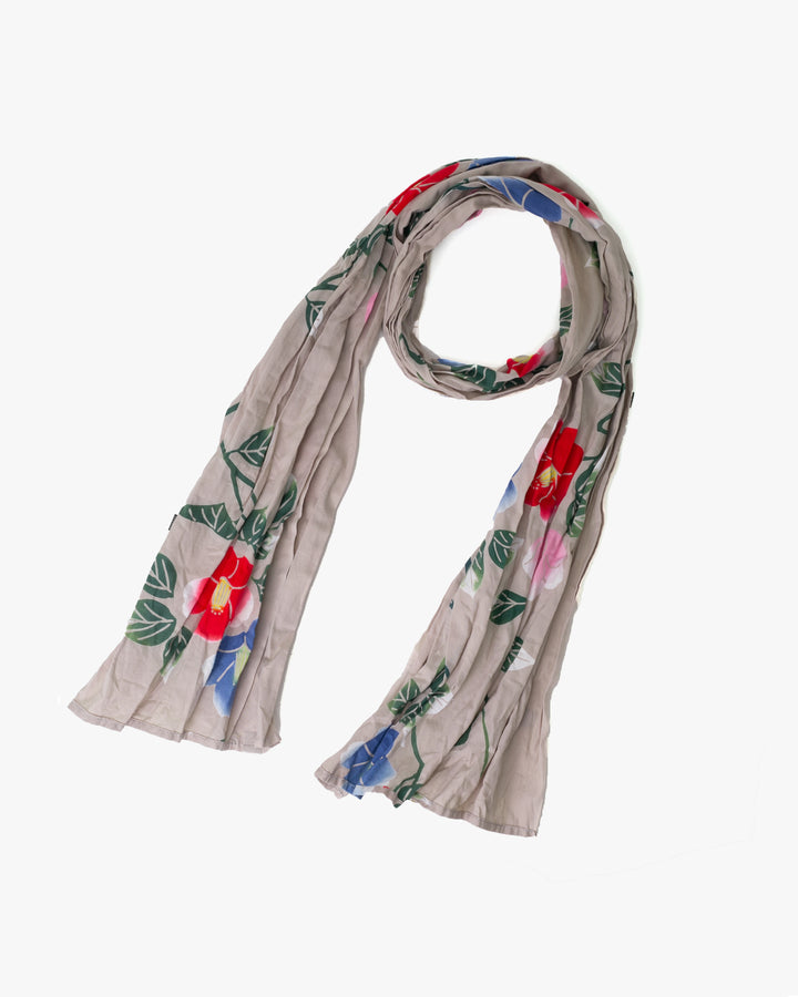Kiriko Original Scarf, Kiji, Yukata, Shima Light Gray with Sky Blue, Pink, and Red Flowers