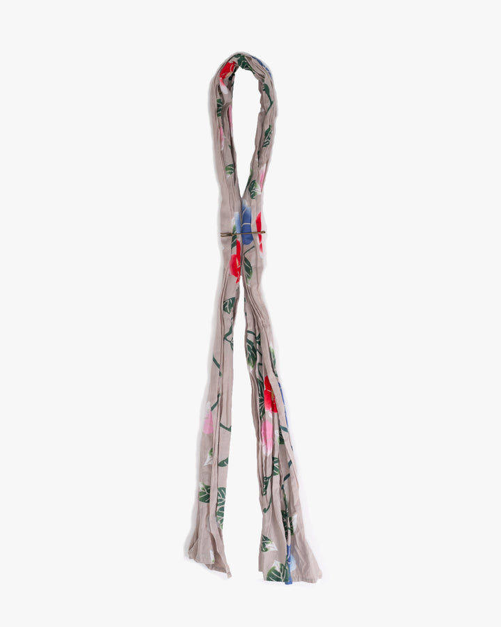 Kiriko Original Scarf, Kiji, Yukata, Shima Light Gray with Sky Blue, Pink, and Red Flowers