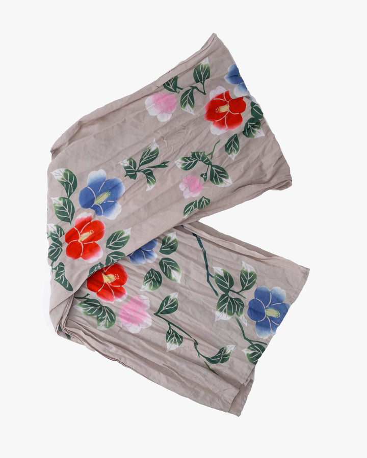 Kiriko Original Scarf, Kiji, Yukata, Shima Light Gray with Sky Blue, Pink, and Red Flowers