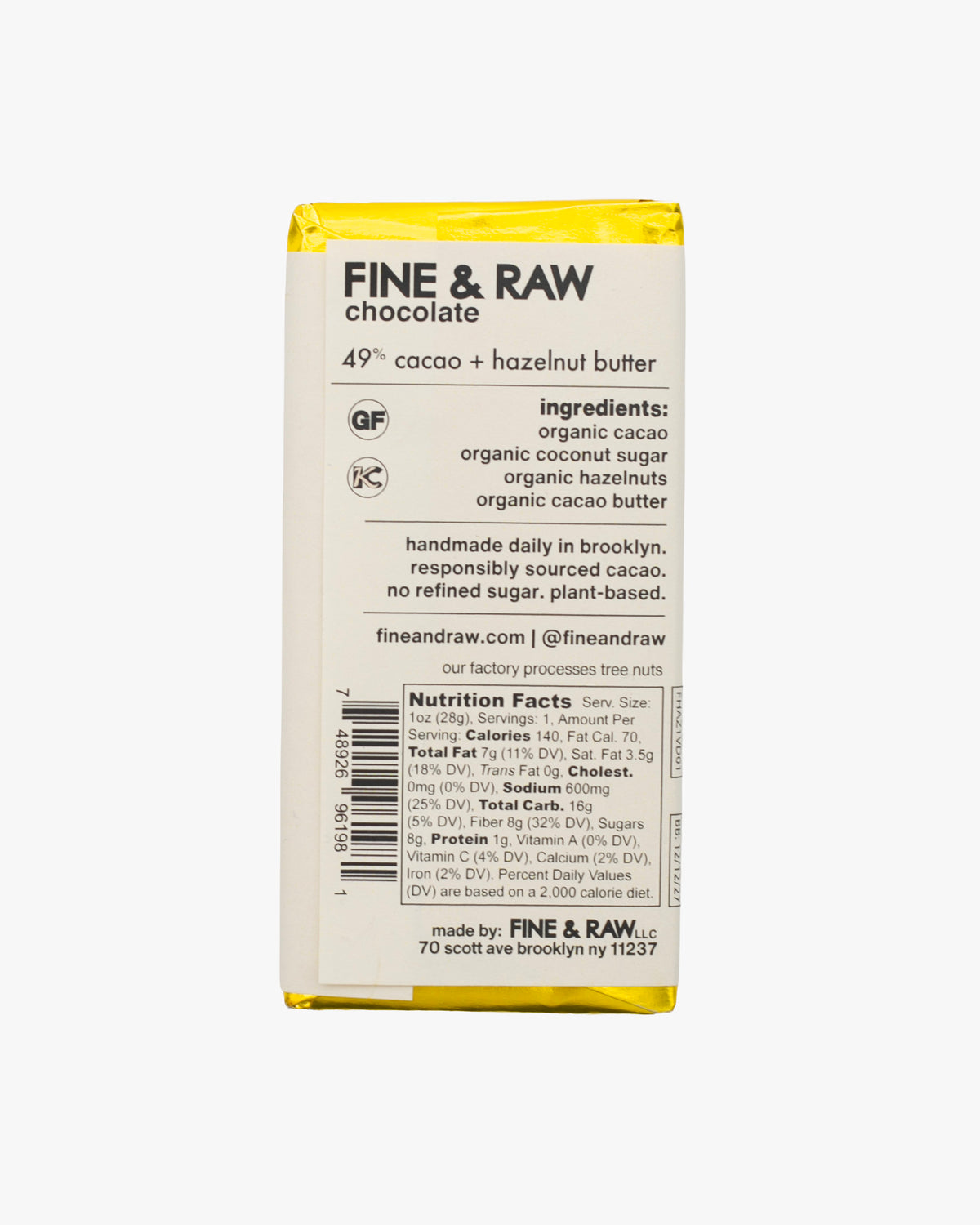 Fine & Raw, Hazelnut Butter Chocolate Bar, 1oz