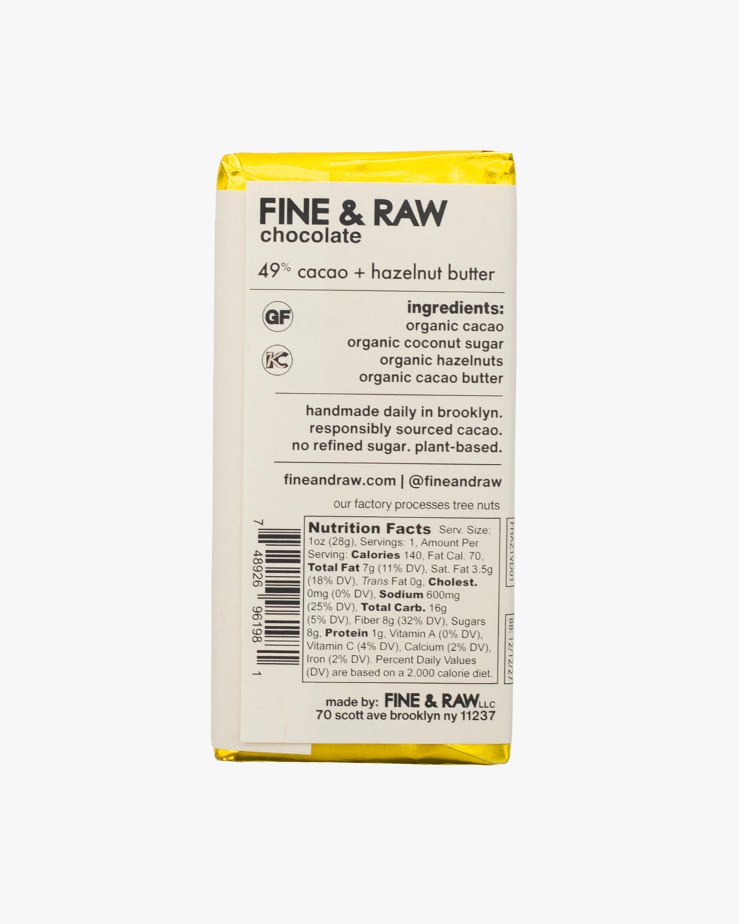 Fine &amp; Raw, Hazelnut Butter Chocolate Bar, 1oz
