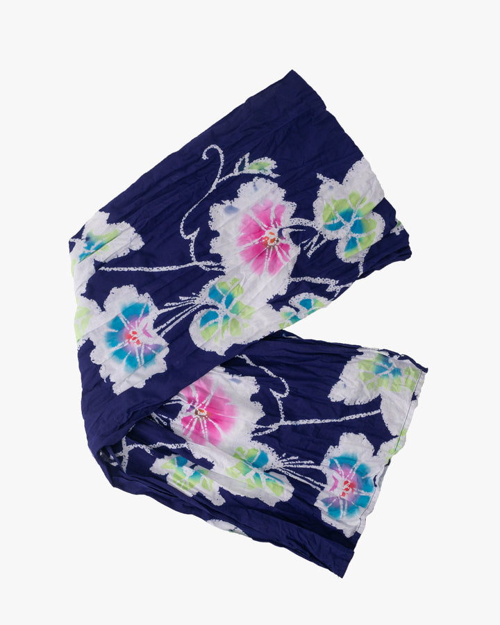 Kiriko Original Scarf, Kiji, Yukata, Shima Navy with Multi color flowers and leaves