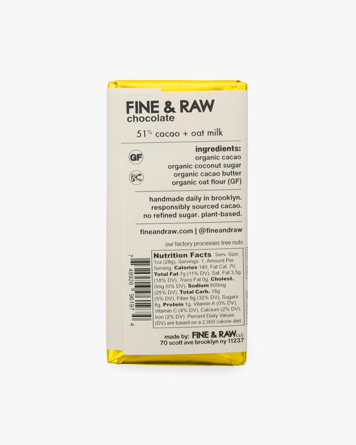 Fine & Raw, Oat Milk Chocolate Bar, 1oz
