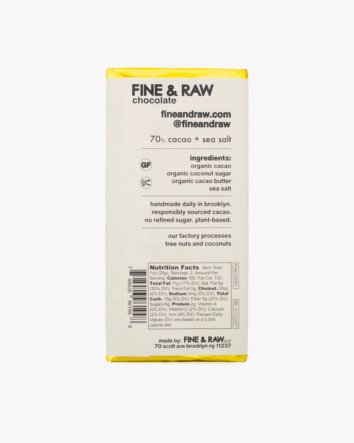 Fine & Raw, Sea Salt Chocolate Bar, 2oz