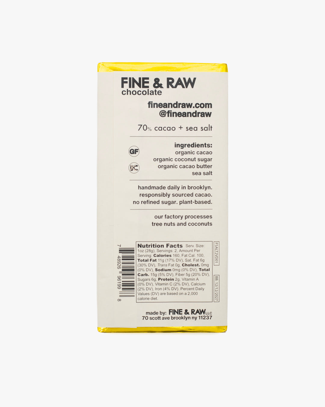 Fine &amp; Raw, Sea Salt Chocolate Bar, 2oz