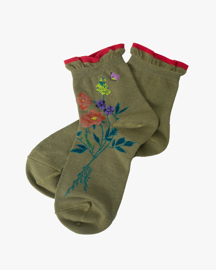 Debby Co. Crew Socks, Andeotte Collection, Olive with Red Floral