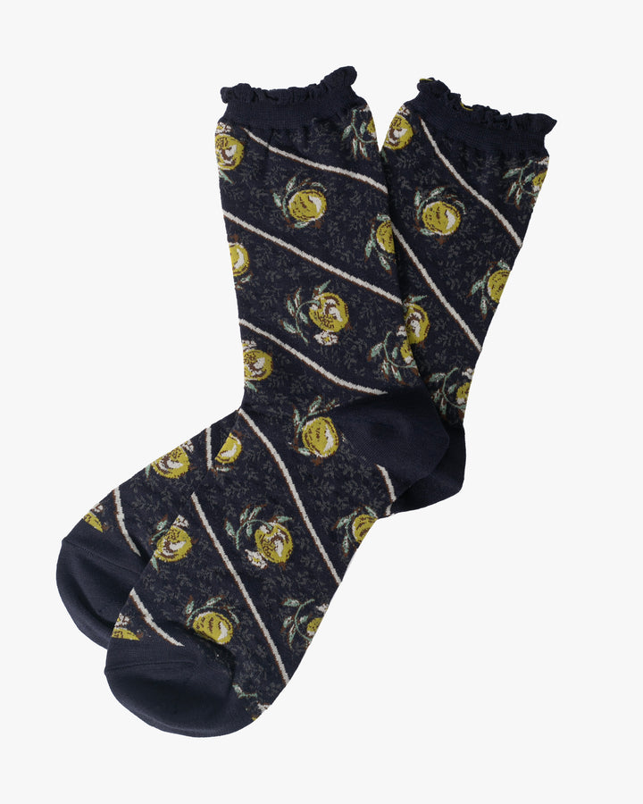 Debby Co., Crew Socks, Maison Blanche Collection, Navy with Yuzu Pattern